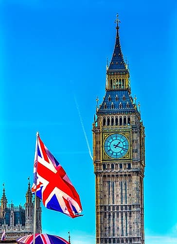 Big Ben and British Flag, houses of Parliament, Westminster, London, England. Art Print
